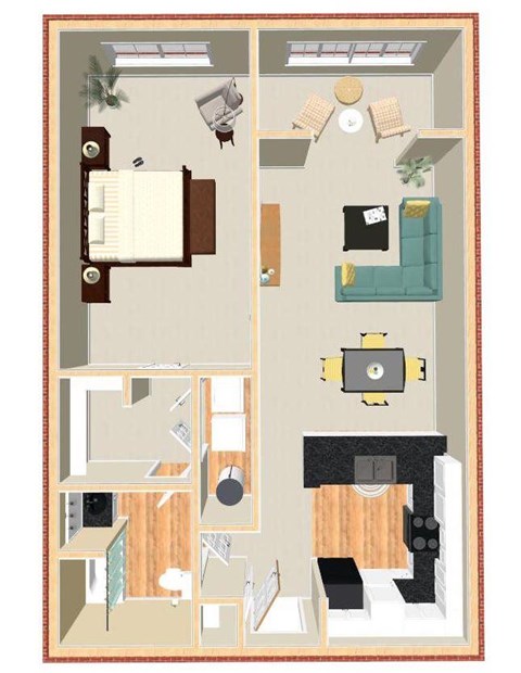 Floor plan for 1 bed, 1 bath, 850 sqft